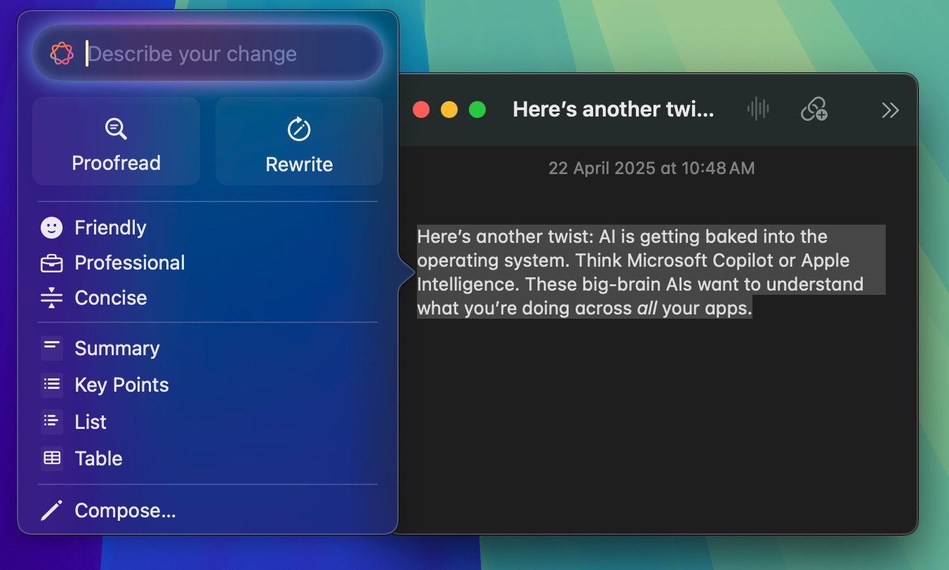 Screenshot of the Apple Writing Tools interface