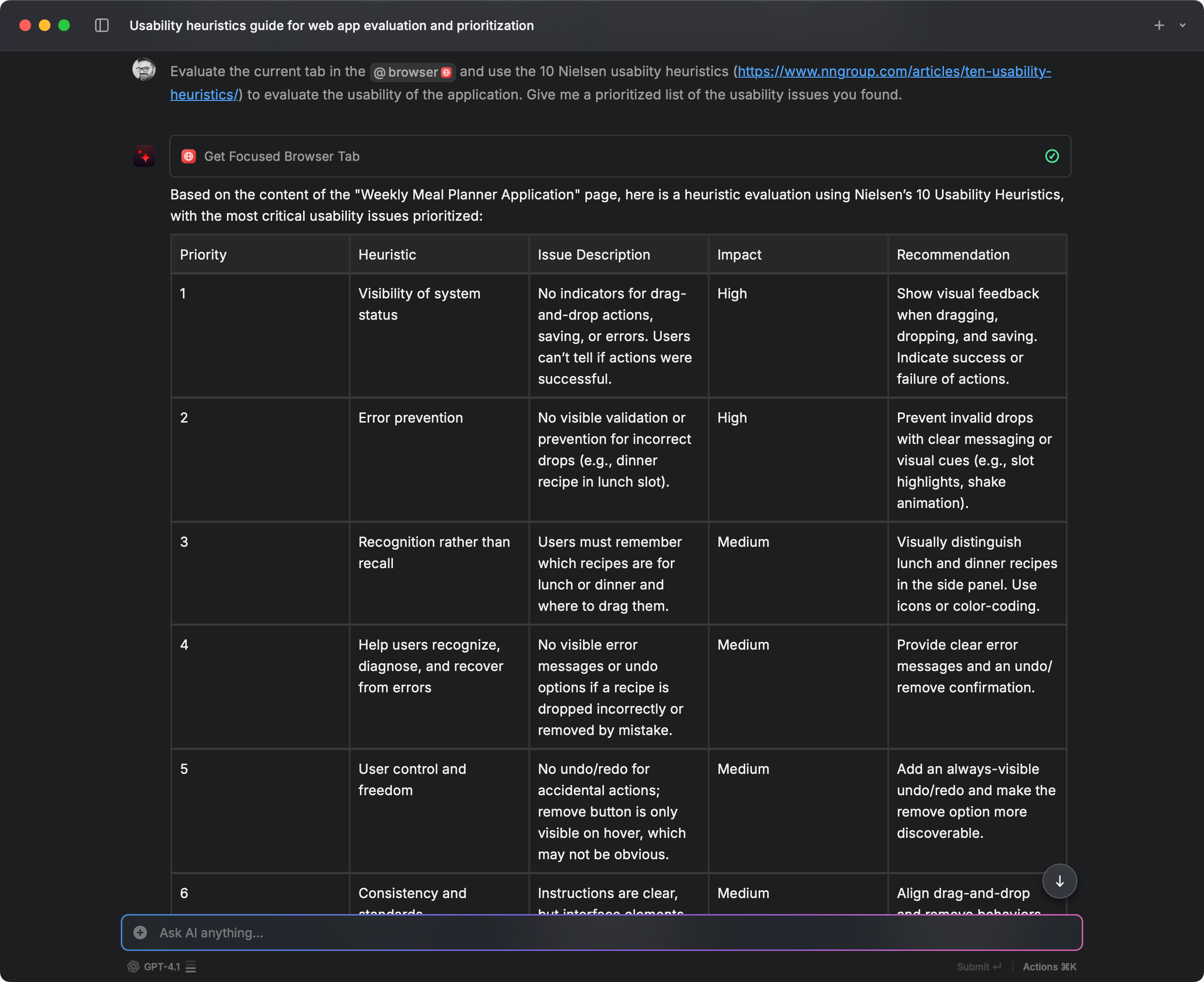 Raycast AI browser panel presenting heuristic evaluation notes alongside a Meal Planner screenshot