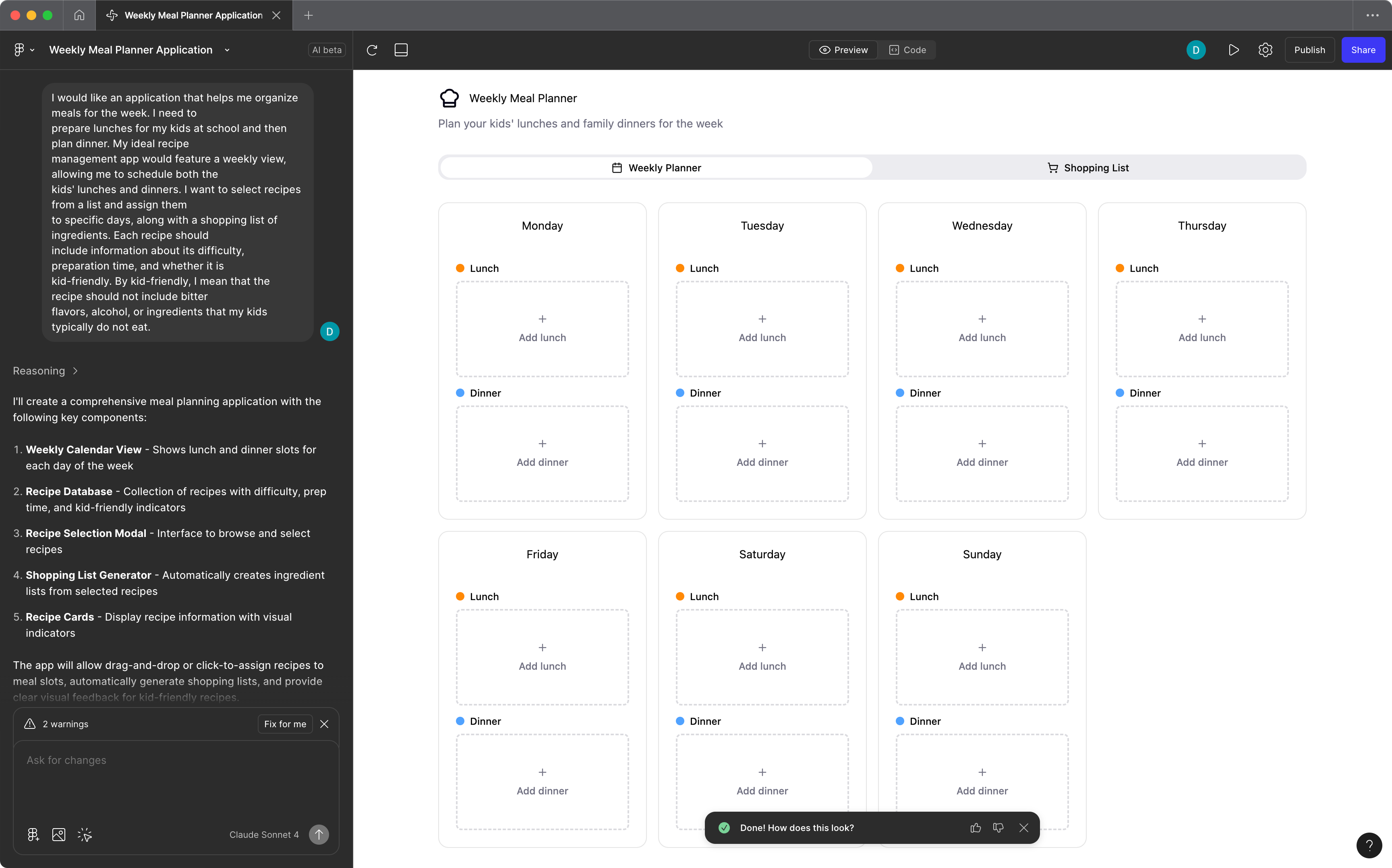 A screenshot of Figma Make showing the Meal Planner prototype